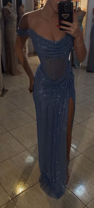 Sparkly Mermaid Off The Shoulder Blue Sequin Long Slit Prom Gown Prom Dress Special Prom Dress