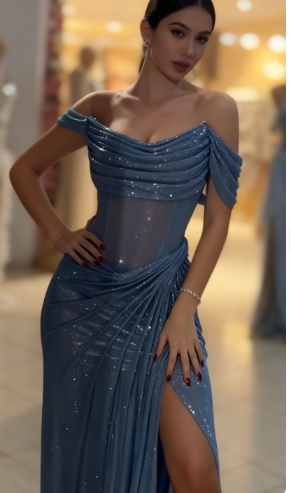 Sparkly Mermaid Off The Shoulder Blue Sequin Long Slit Prom Gown Prom Dress Special Prom Dress