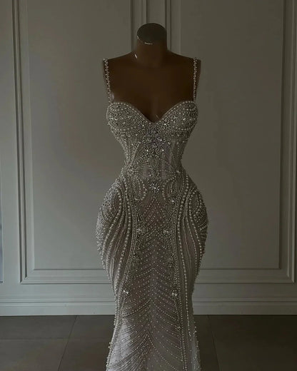 Sparkly Mermaid Spaghetti Straps White Sequin Beaded Wedding Dress Long Bridal Gowns Wedding Dresses