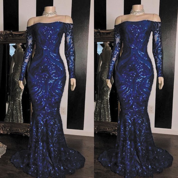 Sparkly Sequined Mermaid Prom Dress Royal Blue Long Sleeve Graduation Prom Dresses Prom Gown