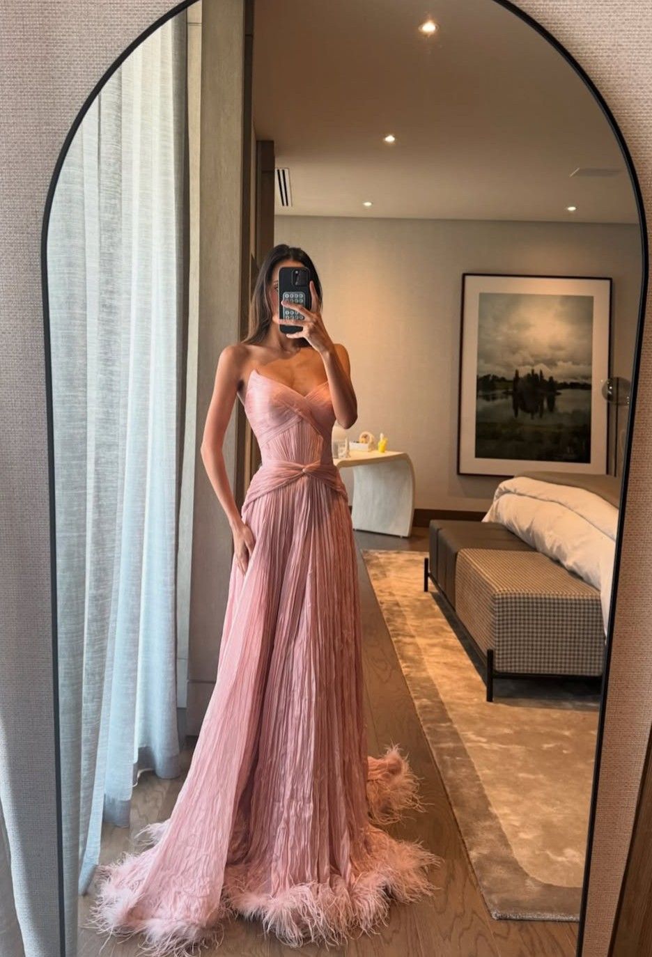 Special A Line Sweetheart Pleated Chiffon Pink Sleeveless Feathers Long Prom Dresses Inspo Prom Gowns