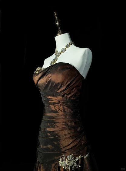 Strapless Brown Vintage Prom Dresses, Sleeveless Long Prom Gown