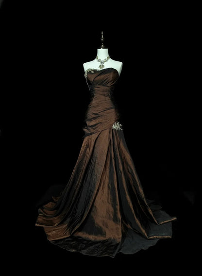 Strapless Brown Vintage Prom Dresses, Sleeveless Long Prom Gown