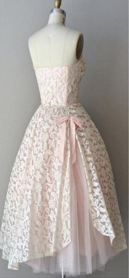 Strapless pink lace unique style vintage cheap homecoming prom gowns dress