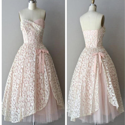 Strapless pink lace unique style vintage cheap homecoming prom gowns dress