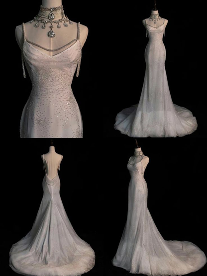 Stunning White Backless Mermaid Shiny Prom Gowns Wedding Dresses