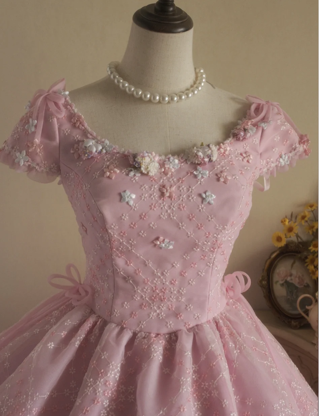 Sweet Court Light Pink Embroidered Floral Tulle Ball Gown Evening Dresses Sweet 16 Dresses