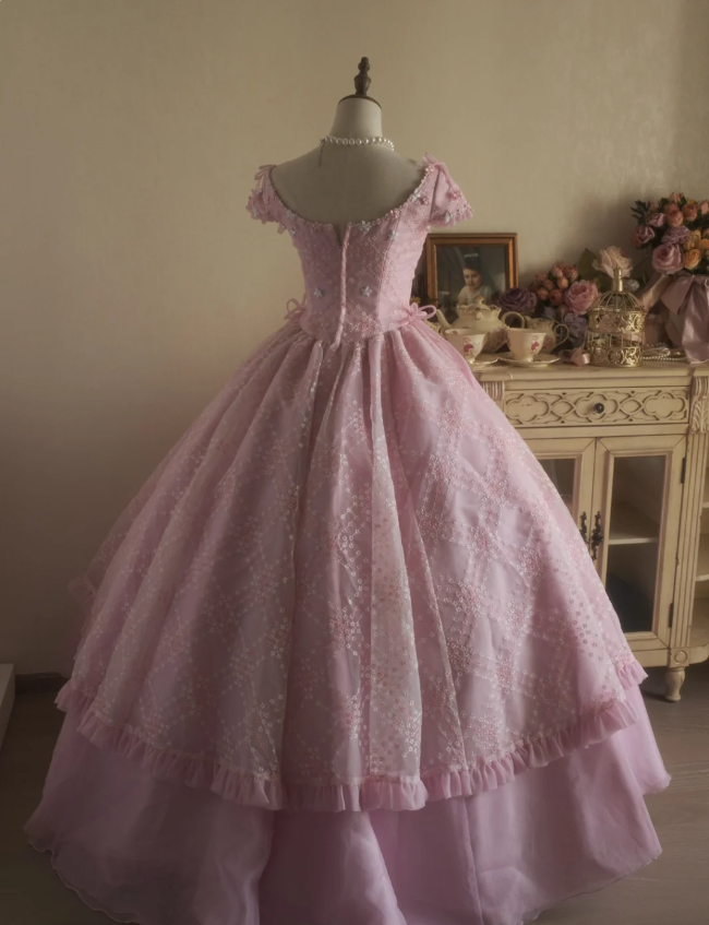 Sweet Court Light Pink Embroidered Floral Tulle Ball Gown Evening Dresses Sweet 16 Dresses