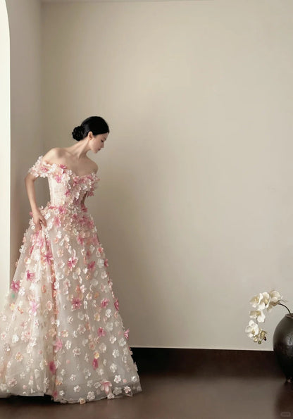 Sweet Pink And White Gradient Strapless 3D Floral Tulle Ball Gown Wedding Dresses