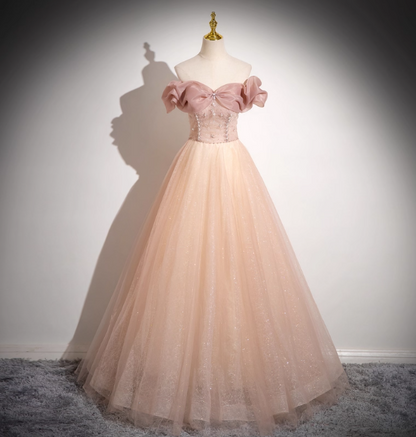 Sweet Pink Apricot One-Shoulder Tulle Long Ball Gown Evening Dresses Sweet 16 Dresses