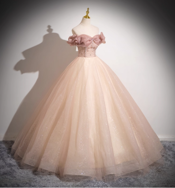 Sweet Pink Apricot One-Shoulder Tulle Long Ball Gown Evening Dresses Sweet 16 Dresses