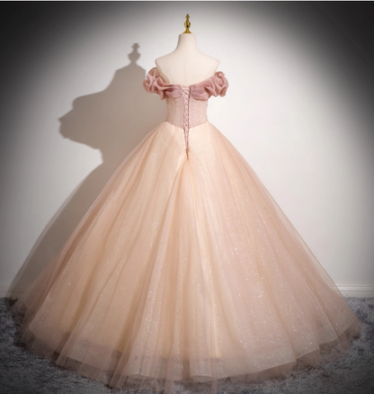 Sweet Pink Apricot One-Shoulder Tulle Long Ball Gown Evening Dresses Sweet 16 Dresses