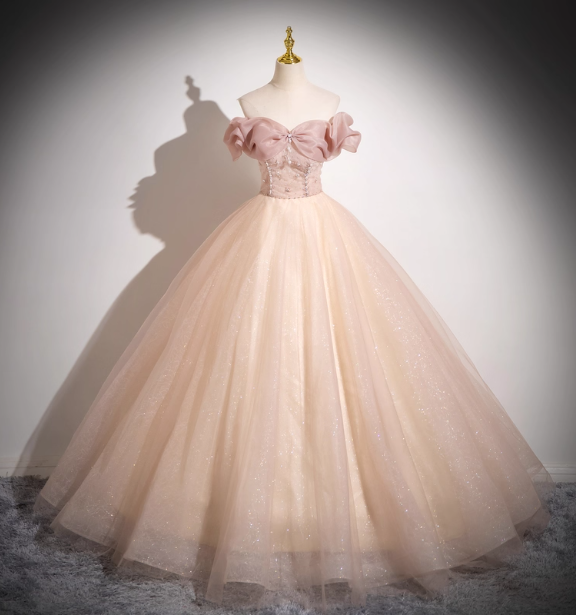 Sweet Pink Apricot One-Shoulder Tulle Long Ball Gown Evening Dresses Sweet 16 Dresses