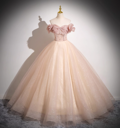 Sweet Pink Apricot One-Shoulder Tulle Long Ball Gown Evening Dresses Sweet 16 Dresses