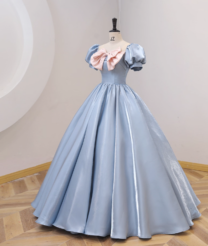Sweet Princess Light Blue Square Neck Bow Puff Sleeve Satin Ball Gown Evening Dresses Sweet 16 Dresses