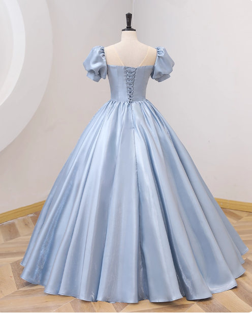 Sweet Princess Light Blue Square Neck Bow Puff Sleeve Satin Ball Gown Evening Dresses Sweet 16 Dresses