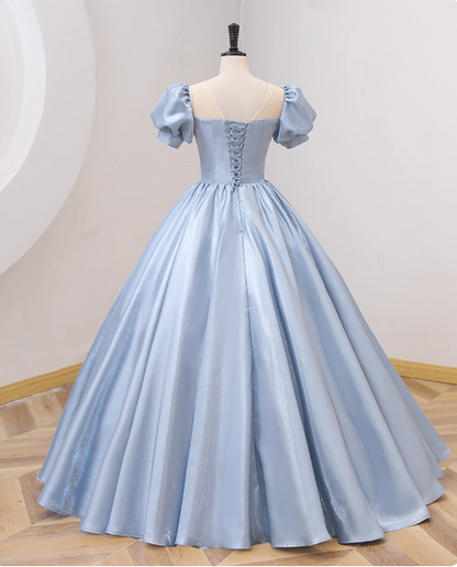 Sweet Princess Light Blue Square Neck Bow Puff Sleeve Satin Ball Gown Evening Dresses Sweet 16 Dresses