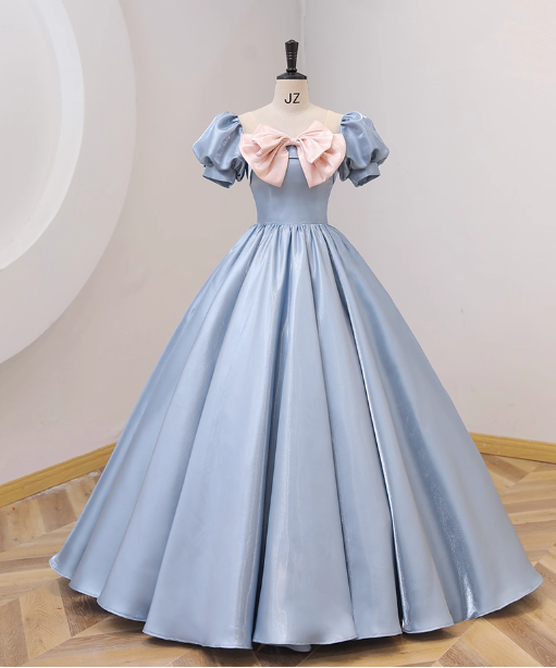 Sweet Princess Light Blue Square Neck Bow Puff Sleeve Satin Ball Gown Evening Dresses Sweet 16 Dresses