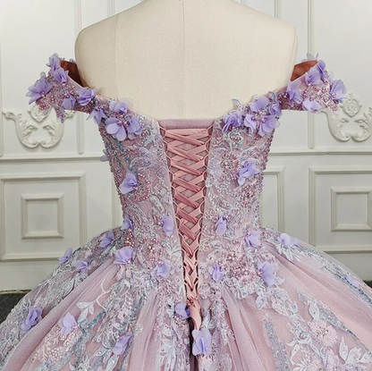 Sweetheart Off The Shoulder Beaded Floral Appliqu���� Quincea?Era Ball Gowns