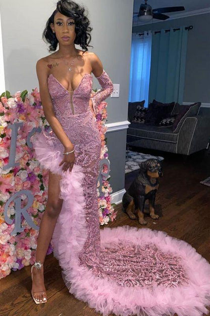 Sexy Dark Pink Tulle Prom Dresses|Sweetheart Deep Split Evening Gowns C555