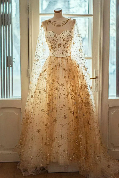 Sparkly Star Sequins Prom Dresses, Champagne Tulle A-Line Formal Dresses      S7314