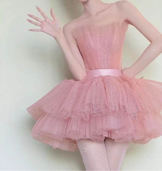 Charming Homecoming Dress Strapless Tulle Lace Short Prom Dress Back to School Outfits Party Dress  D6033