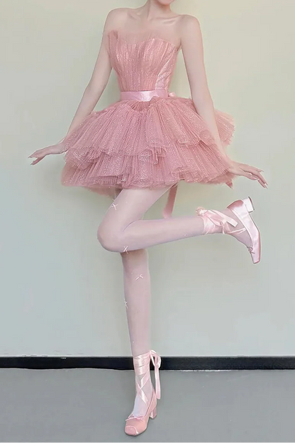 Charming Homecoming Dress Strapless Tulle Lace Short Prom Dress Back to School Outfits Party Dress  D6033