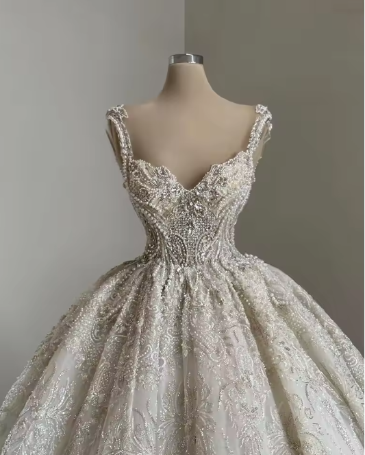 Unique Bridal Gowns Ball Gowns Straps Neck White Sequin Wedding Dresses Pretty Bridal Gown