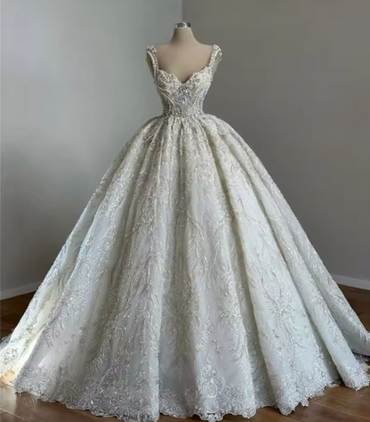 Unique Bridal Gowns Ball Gowns Straps Neck White Sequin Wedding Dresses Pretty Bridal Gown