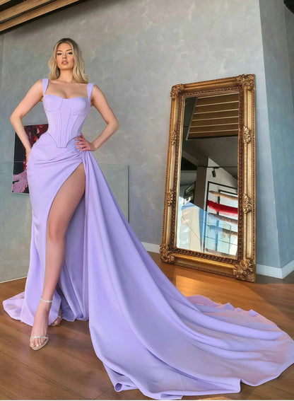 Unique Lilac Satin Mermaid Sexy Prom Dresses Online Prom Gowns