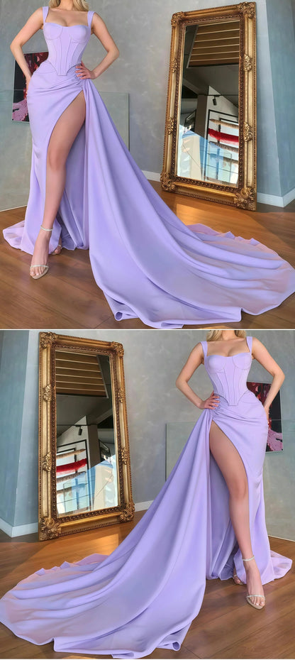 Unique Lilac Satin Mermaid Sexy Prom Dresses Online Prom Gowns