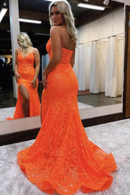 Orange Fashion Unique V-Neck Dress Long Lace Mermaid Slim Fit Slit Ball Gowns Prom Dresses