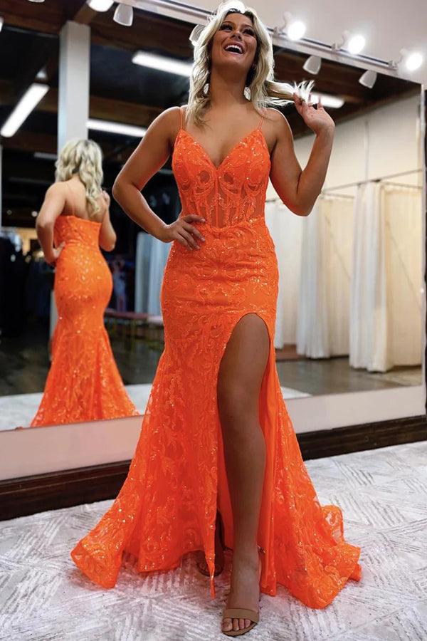 Orange Fashion Unique V-Neck Dress Long Lace Mermaid Slim Fit Slit Ball Gowns Prom Dresses