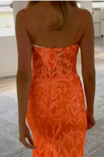 Orange Fashion Unique V-Neck Dress Long Lace Mermaid Slim Fit Slit Ball Gowns Prom Dresses
