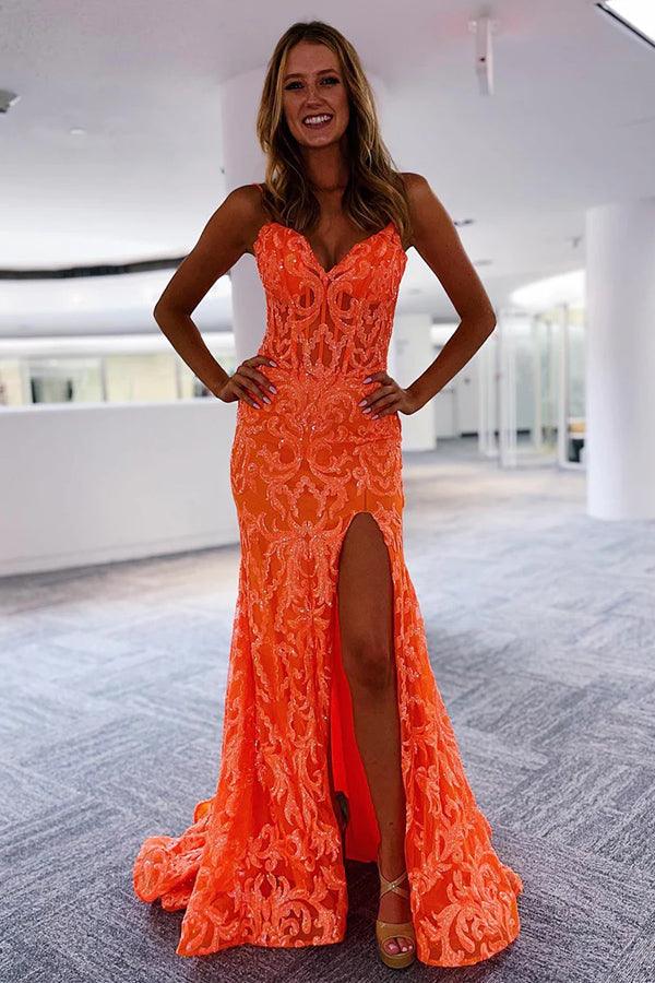 Orange Fashion Unique V-Neck Dress Long Lace Mermaid Slim Fit Slit Ball Gowns Prom Dresses