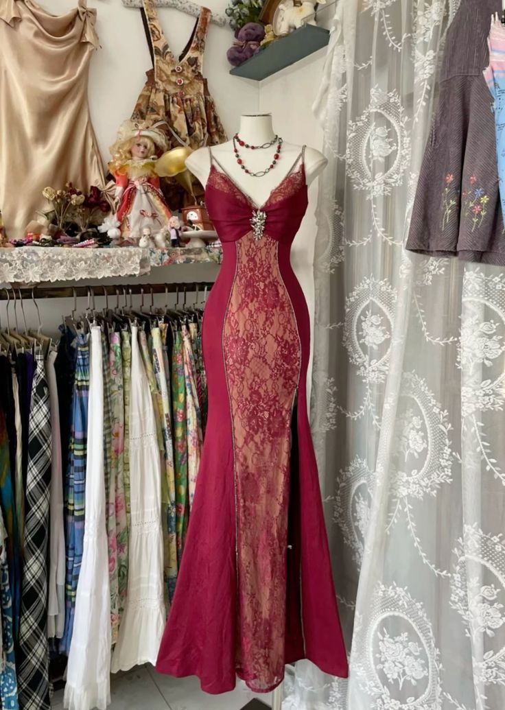 V Neck Lace Burgundy Long Prom Dresses Mermaid Prom Gowns