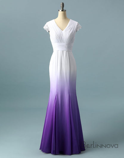 V Neck Ombre Prom Dresses, A Line Wedding Prom Gowns