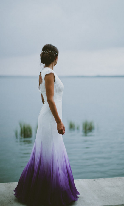 V Neck Ombre Prom Dresses, A Line Wedding Prom Gowns