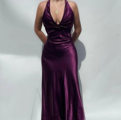 V-Neck Purple Satin And Floor Length Prom Dresses Prom Gowns