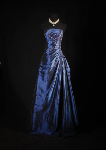 Vintage Ball Gowns Strapless Navy Blue Satin Long Prom Dress