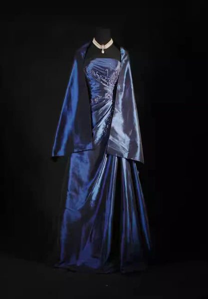 Vintage Ball Gowns Strapless Navy Blue Satin Long Prom Dress