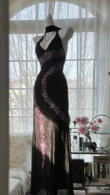 Vintage Black Pink Diamond Halter Neck Chiffon Mermaid Evening Gown Prom Dresses