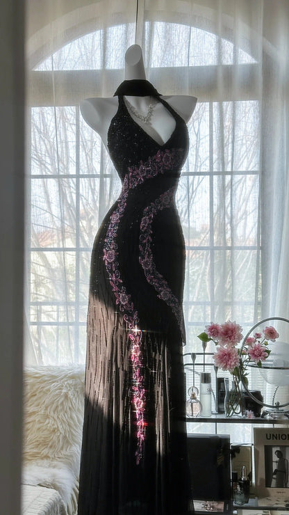 Vintage Black Pink Diamond Halter Neck Chiffon Mermaid Evening Gown Prom Dresses