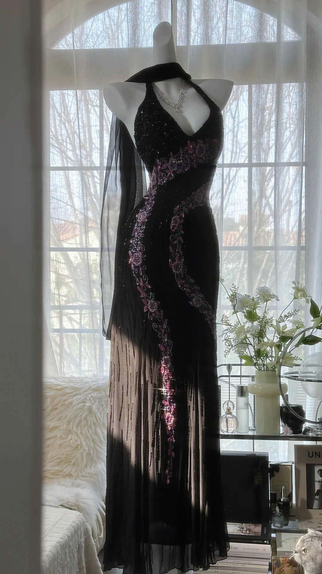 Vintage Black Pink Diamond Halter Neck Chiffon Mermaid Evening Gown Prom Dresses
