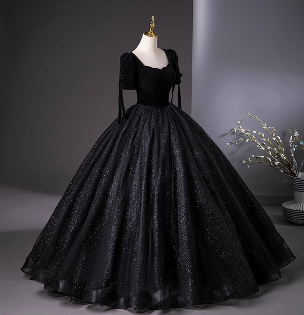 Vintage Black Puff Sleeve Velvet Shimmer Tulle Ball Gown Evening Dresses Sweet 16 Dresses