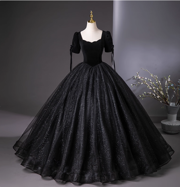 Vintage Black Puff Sleeve Velvet Shimmer Tulle Ball Gown Evening Dresses Sweet 16 Dresses
