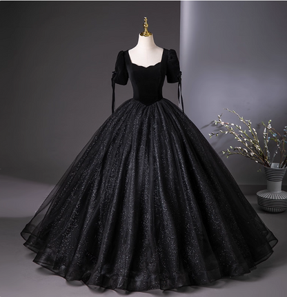 Vintage Black Puff Sleeve Velvet Shimmer Tulle Ball Gown Evening Dresses Sweet 16 Dresses