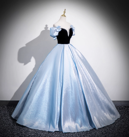 Vintage Court Blue Off-Shoulder Bow Velvet Satin Long Ball Gown Evening Dresses Sweet 16 Dresses