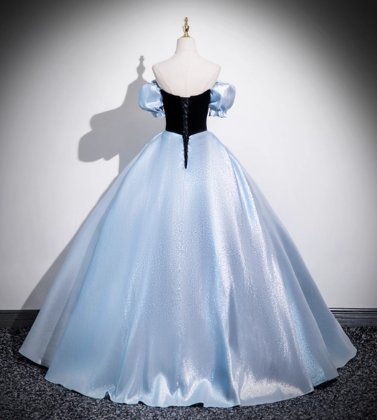 Vintage Court Blue Off-Shoulder Bow Velvet Satin Long Ball Gown Evening Dresses Sweet 16 Dresses