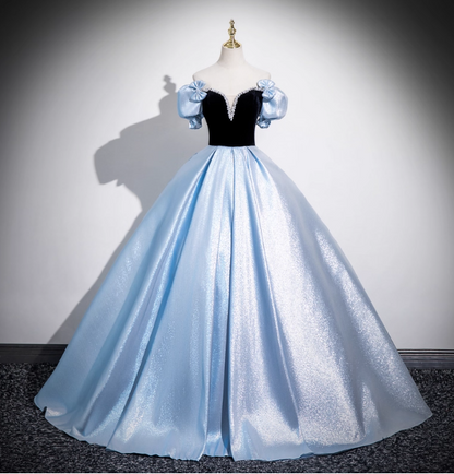 Vintage Court Blue Off-Shoulder Bow Velvet Satin Long Ball Gown Evening Dresses Sweet 16 Dresses